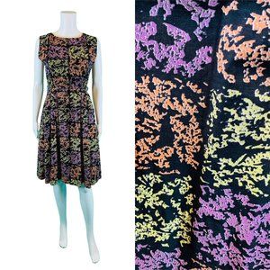 Vintage 1950s Speckle Print Cotton Dress Black Purple Print Fit & Flare | W 26"